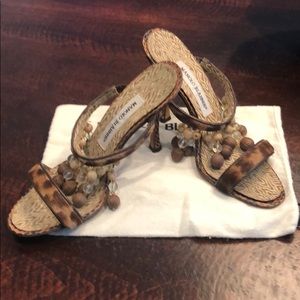 Manolo Blahnik slide heels, calf fur & snakeskin